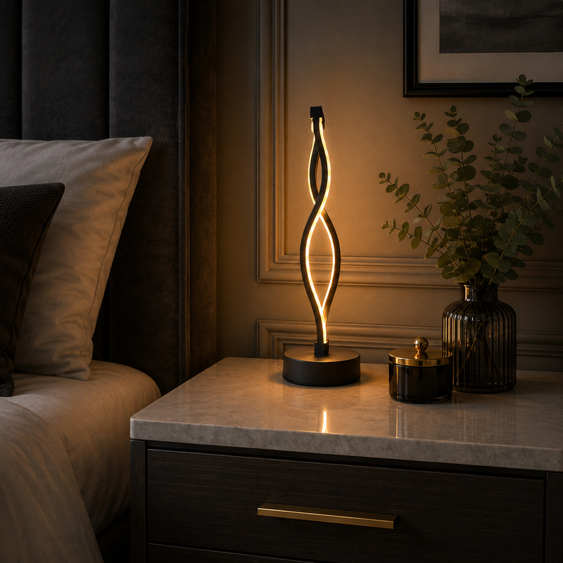 Varenmere Solstice Spiral LED Table Lamp with bluish-pink illumination